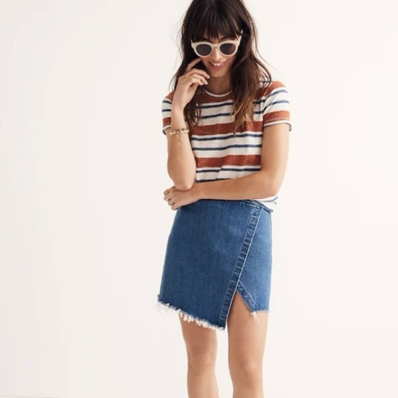 Madewell Dresses & Skirts - Madewell Denim Faux Wrap Raw Hem Mini Skirt Size 0